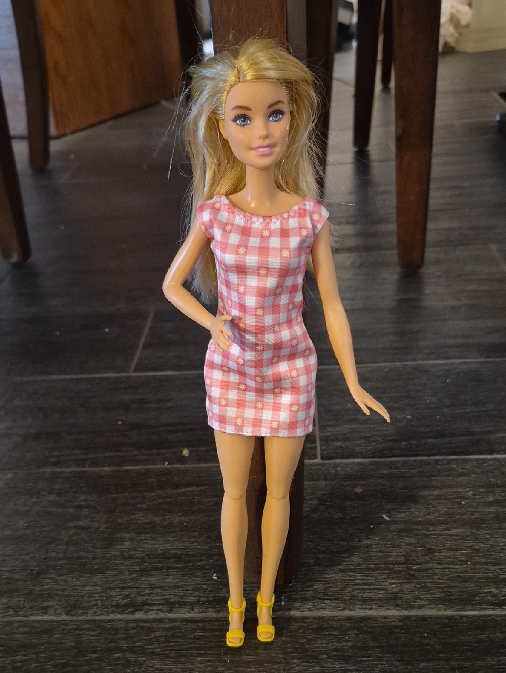 Mattel Barbie Blonde Doll in Pink Gingham Dress with Yellow Sandals